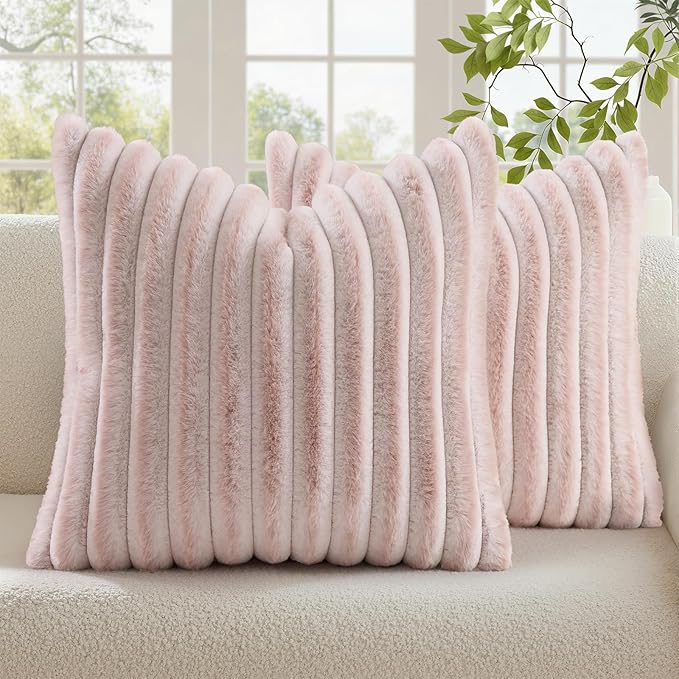 decorUhome Summer Cozy Faux Fur Throw Pillow Covers 22x22 Set of 2 Decorative Plush Striped Modern Farmhouse Boho Couch Euro Sham Pillow Cases with Velvet Back for Sofa Bed Living Roomr, Pink White
