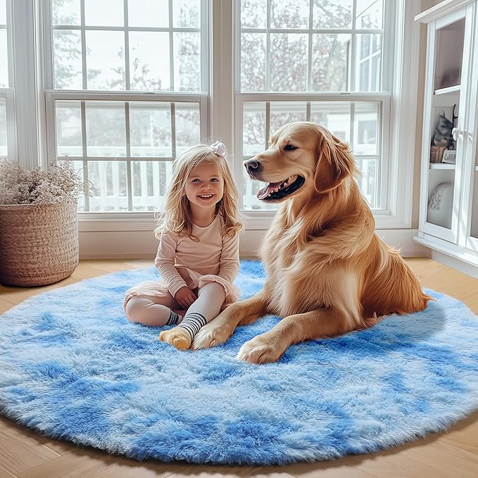 ONASAR Round Rugs 6ft for Living Room Bedroom, Tie-Dye Blue Fluffy Circle Area Rug for Kids Girls Boys Teen, Soft Plush Shaggy Carpet for Nursery Dorm Classroom Playroom Home Decor Aesthetic
