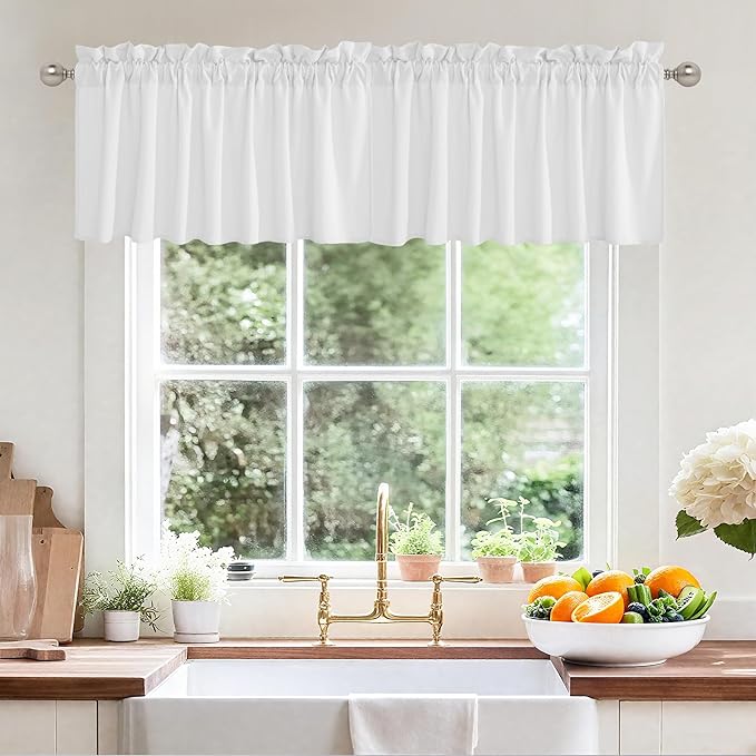 RYB HOME 2 Panels Valance Curtains for Small Window Treatment Faux Linen Weave Textured Light Filtering Swag Curtain for Kitchen Living Room, Rod Pocket, White, W 52 x L 18 inch