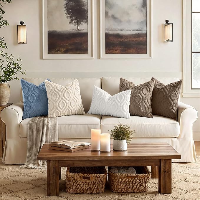 decorUhome Throw Pillow Covers 12x20 Inch Set of 2, Soft Plush Faux Wool Dusty Blue Solid Couch Pillow Covers, Accent Farmhouse Neutral Rectangle Pillow Cases for Sofa Bed Living Room