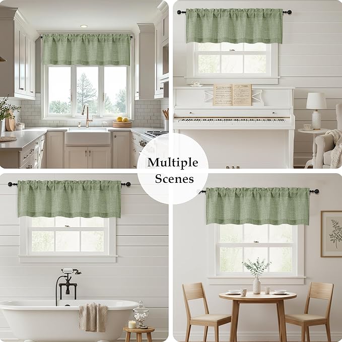 OWENIE Sage Green Valances for Windows 1 Pcs 18 Inch Length, Light Filtering Textured Short Small Valance Curtains for Bathroom Basement Living Room, Half Window Curtains Over Sink, 60" W by 18" L