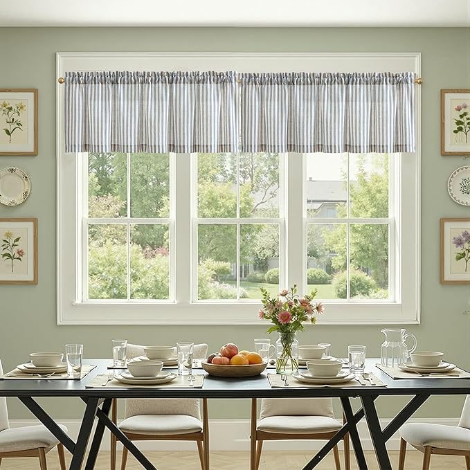 jinchan Valance Curtain Linen Textured Striped Window Curtain for Living Room Light Filtering Farmhouse Valance for Kitchen Rod Pocket 1 Panel 16 Inch Blue on Linen 1 Panel