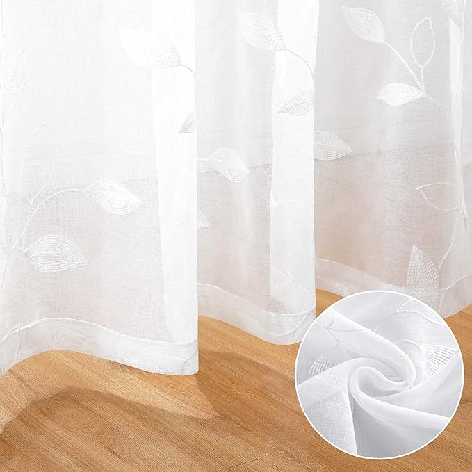 HOMEIDEAS White Sheer Curtains 52 X 84 Inches Long 2 Panels Embroidered Leaf Pattern Pocket Faux Linen Floral Semi Sheer Voile Window Curtains/Drapes for Bedroom Living Room