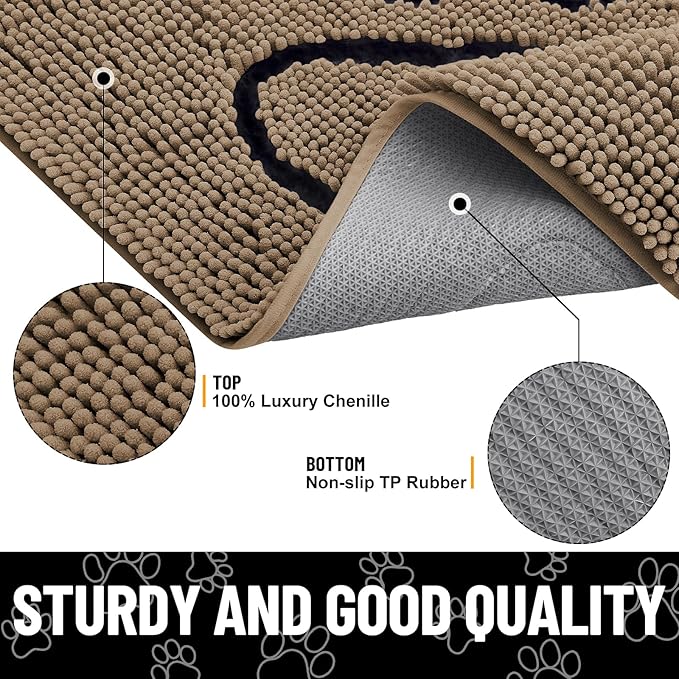 Smiry Dog Door Mat for Muddy Paws, Absorbent Dirt Trapper Non Slip Quick Dry Washable Chenille Mat for Mud Dogs, Entry Rug for Indoor and Outdoor (48x30 Inches, Camel and Black)