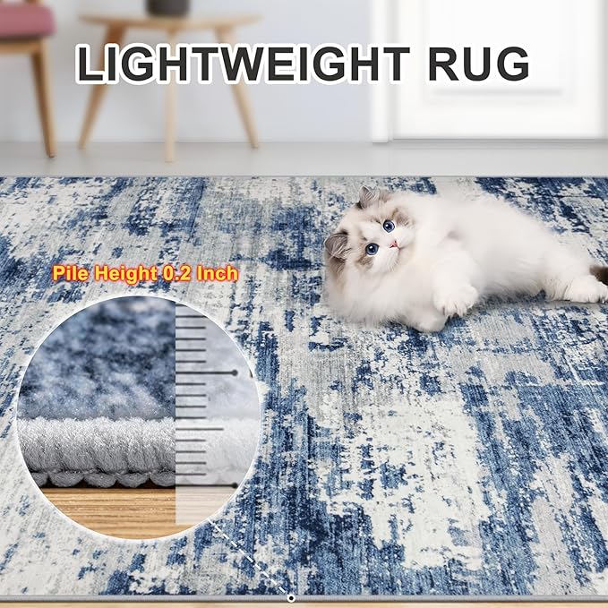 6x9 Area Rugs for Living Room - Washable Rug Modern Abstract Soft Large Neutral Non-Slip Carpet Indoor Floor Thin Carpets for Bedroom Dining Room Farmhouse Nursery Home Office Blue Gray