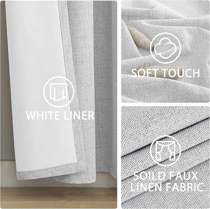 Yakamok White Linen Curtains 100% Blackout 63 Inches Long,Room Darkening Textured Curtains for Living Room Thermal Grommet Bedroom 2 Panels with Greyish White Liner