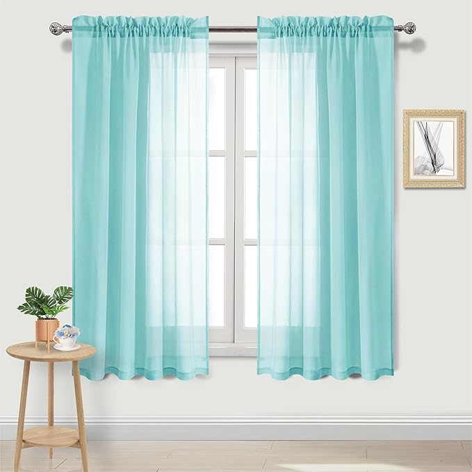 DWCN Aqua Sheer Curtains Semi Transparent Voile Rod Pocket Curtains for Bedroom and Living Room, 52 x 72 inches Long, Set of 2 Panels