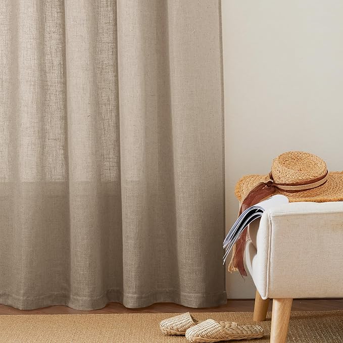RYB HOME Linen Sheer Curtains for Small Window, Back Tab Breathable Absorbent Curtains & Drapes, Light Filter Half Privacy Protect for Study Room Office, Length 63 by Width 52 inch, 2 Panels, Khaki