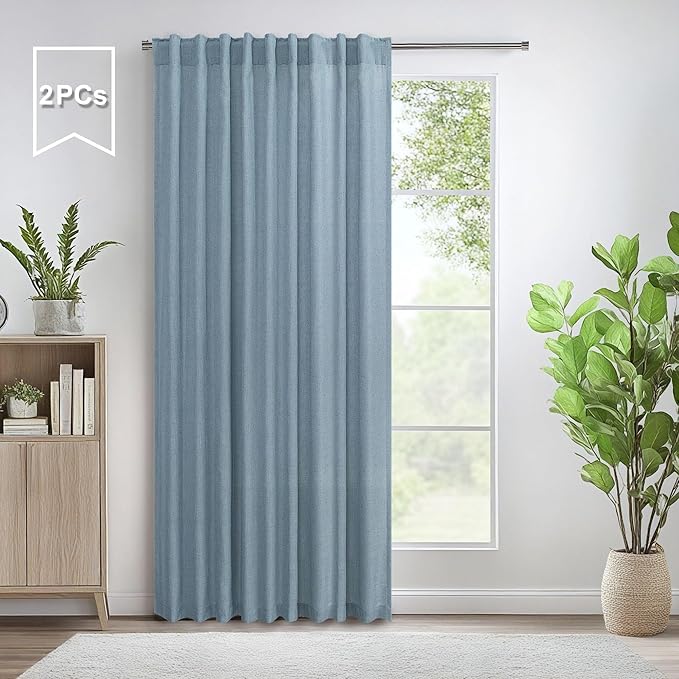 Sliding Door Curtains for Patio Door Total Extra Width 120 x 108 Inch Long Each 60 Inch Wide Light Diffusing Sheer Linen Blue Curtain Drapes 2 Panel for Bedroom Living Room Back Tab Pocket 5x9 FT
