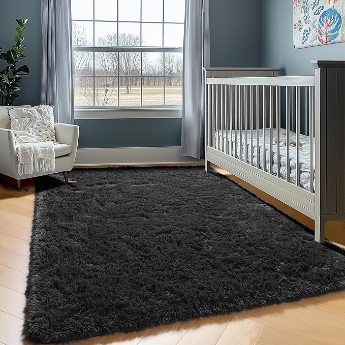 ONASAR Black Area Rugs for Bedroom Living Room, Fluffy Fuzzy Shaggy 4x6 Bedside Rug, Soft Plush Modern Indoor Floor Carpet for Nursery Kids Girls Boys Teen Dorm Home Office Decor Aesthetic
