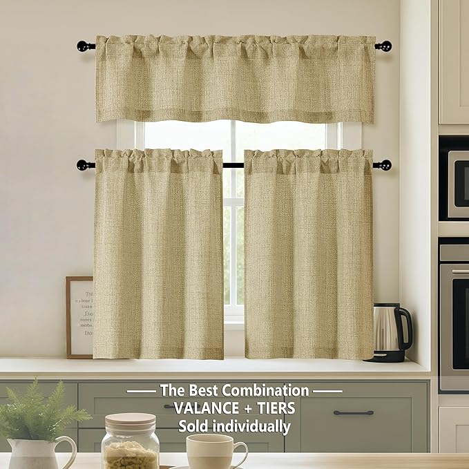 OVZME Valance for Windows, Light Filtering Faux Linen Textured Small Short Valance Kitchen Curtain, Dual Rod Pocket Top Short Window Curtain for Bathroom Basement Farmhouse, 52Wx14L Inch, Camel