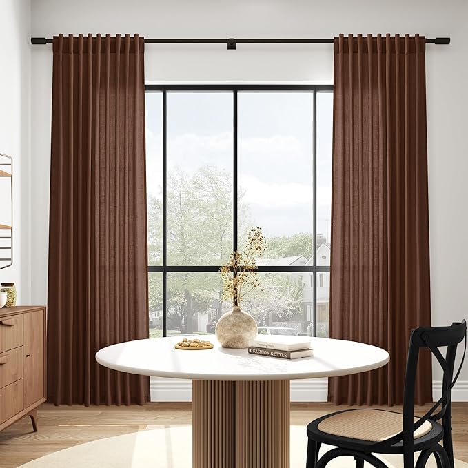 Extra Long Mocha Brown Linen Curtains 120 Inch for Living Room Rod Pocket Back Tab Light Filtering Semi Sheer Drapes Privacy High Ceiling Drapes for Vintage Rustic Farmhouse 52x120,2 Panels