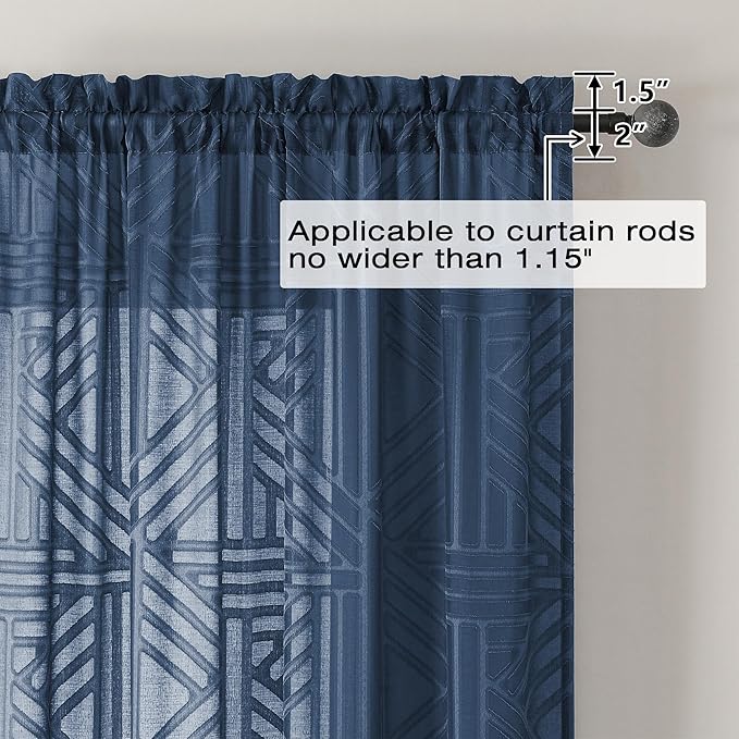 Simplebrand Navy Blue Semi Sheer Curtains 84 Inches Long 2 Panels, Light Filtering Geometric Jacquard Clip Textured Sheer Curtains for Bedroom，Modern Elegant Window Curtains Drapes，42x84 inch