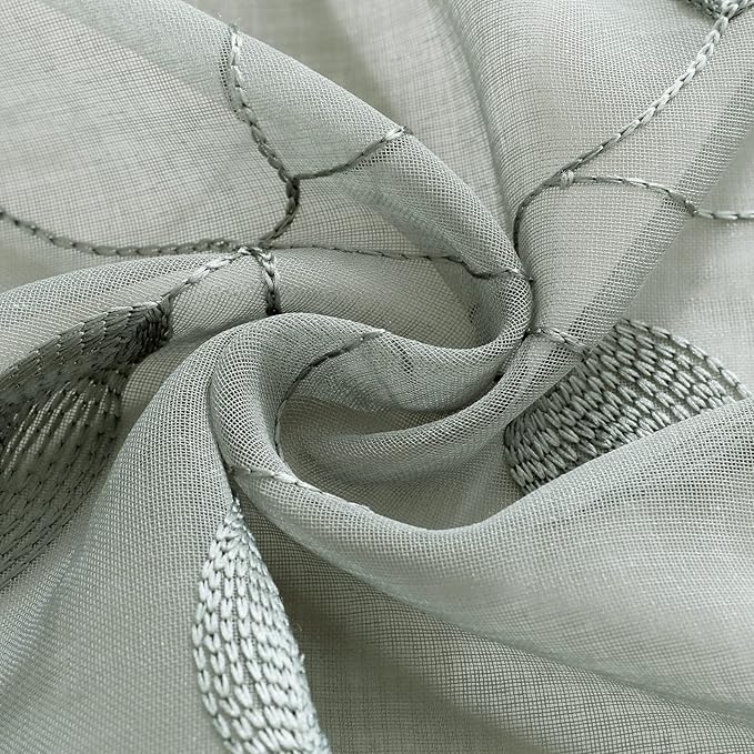 HOMEIDEAS Sage Green Sheer Kitchen Curtains 30 X 36 Inch Length 2 Panels Embroidered Leaf Pattern Short Curtains for Small Window Valance Tiers