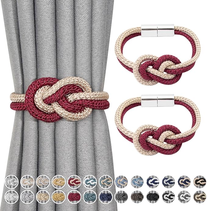 NICEEC 2 Pack Mini Magnetic Curtain Tiebacks Nordic Simple Style Drape Tie Backs Elegant Hand Weave Rope Knot Decorative Curtain Holdbacks for Home & Office Thin Window Drapery (Wine Red & Beige)