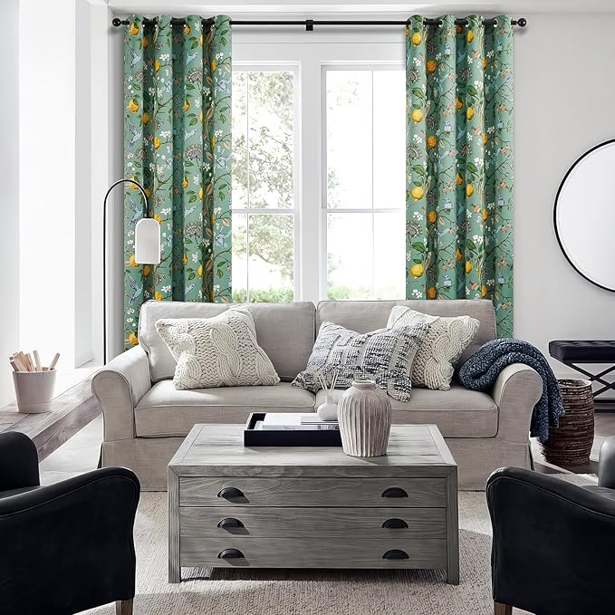 Topfinel 102 Inches Long Vintage Cottagecore Chinoiserie Curtains & Drapes Botanical Floral Flower Lemon Hummingbird Patterned Sage Green Pioneer Woman Blackout Curtains 2 Panels Living Dining Room
