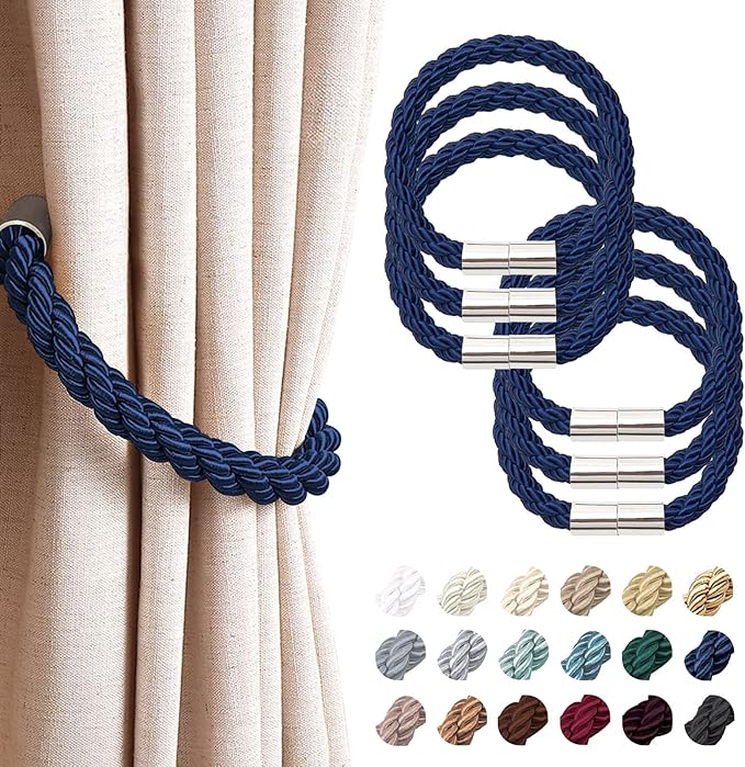 NICEEC 6 Pack Strong Magnetic Curtain Tiebacks Modern Simple Style Drape Tie Backs Convenient Decorative Weave Rope Curtain Holdbacks for Thin or Thick Home & Office Window Draperies (Royal Blue)
