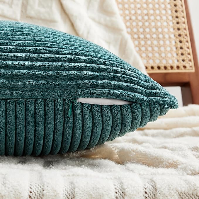 Fancy Homi 2 Packs Teal Lumbar Decorative Throw Pillow Covers 14x22 Inch for Living Room Couch Bed Sofa, Rustic Farmhouse Boho Home Decor, Soft Striped Corduroy Rectangle Accent Cushion Case 35x55 cm