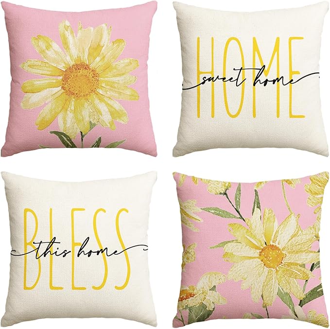 AVOIN colorlife Home Sweet Home Spring Summer Flowers Pink Throw Pillow Covers, 18 x 18 Inch White Cushion Case for Sofa Couch Set of 4
