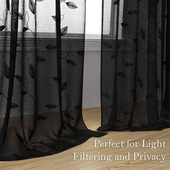 HOMEIDEAS Black Sheer Curtains 52 X 96 Inches Length 2 Panels Black Embroidered Leaf Pattern Gothic Faux Linen Floral Semi Sheer Voile Window Curtains/Drapes for Bedroom Living Room