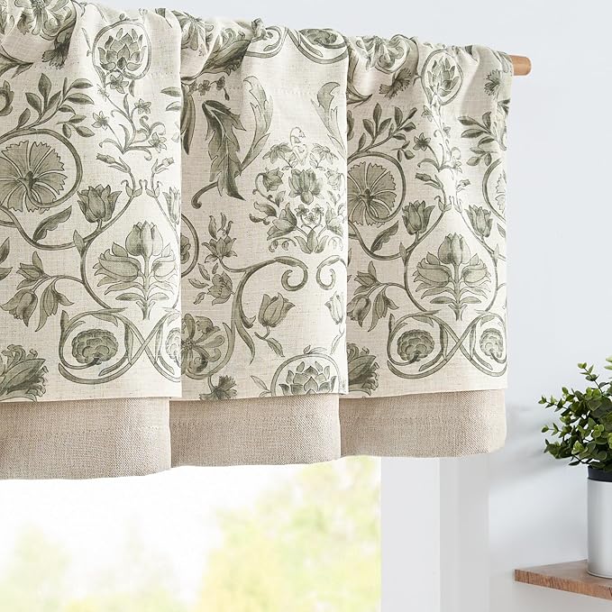 jinchan Linen Valance Kitchen Curtain for Windows Double Layer 16 Inch for Living Room Bedroom Window Treatment Light Filtering Vintage Rustic Farmhouse Cottagecore Rod Pocket 1 Panel Green on Beige