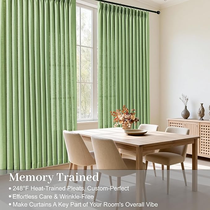 Sage Green Pinch Pleated 84 Inch Curtains for Living Room, Privacy Semi Sheer Curtain with Pleated Hooks Modern Linen Blend Memory Trained Back Tab Drapes for Bedroom Office, 2 Panels, W40xL84