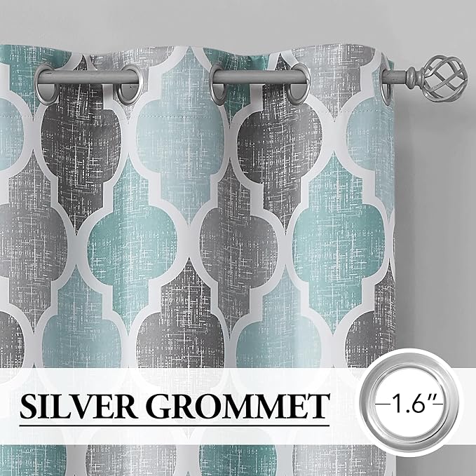 Beauoop 100% Blackout Curtains 90 Inches Long 2 Panels for Bedroom Living Room Aqua Grey Moroccan Geo Room Darkening Thermal Insulated Soundproof Grommet Top Window Treatments Drapes, 50x90 Set of 2
