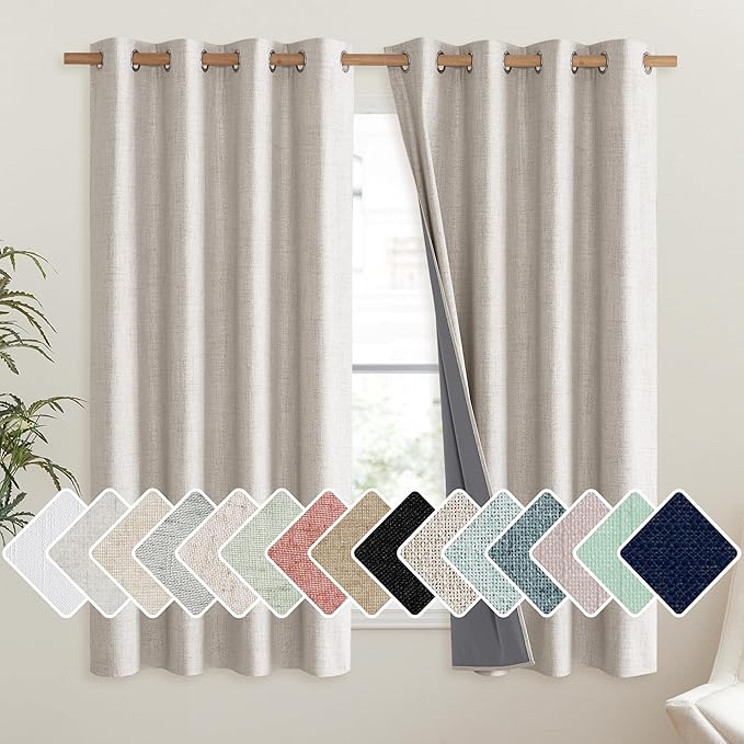 NICETOWN Brich Vintage Open Linen Weave Flax Thermal Curtains, 100% Blackout Curtains 63" Long for Dining Room, Soundproof Window Treatment Drapes for Hall Room, 52" Wide Per Panel, Set of 2