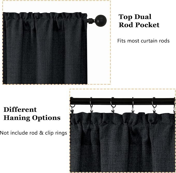 OWENIE Black Valances for Windows 1 Pcs 18 Inch Length, Light Filtering Textured Short Small Valance Curtains for Bathroom Basement Living Room Bedroom, Half Window Curtains Over Sink, 60" W by 18" L
