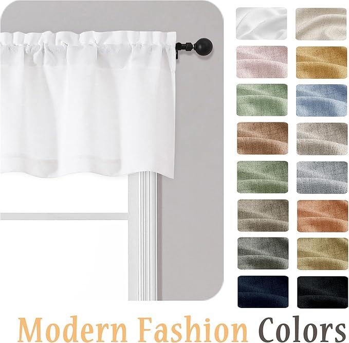 OWENIE White Valances for Windows 1 Pcs 18 Inch Length, Light Filtering Textured Short Small Valance Curtains for Bathroom Basement Living Room Bedroom, Half Window Curtains Over Sink, 52" Wx18 L