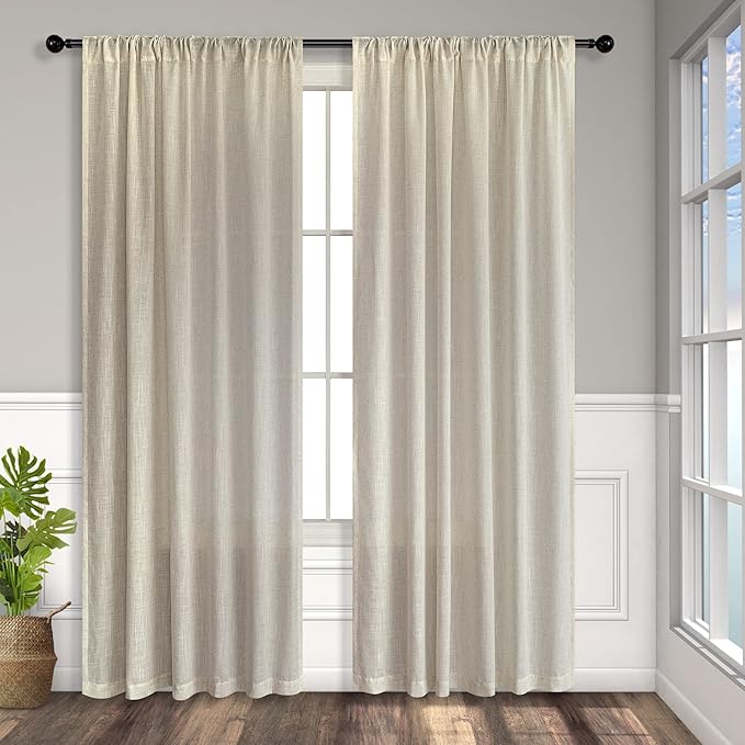 Pitalk Beige Curtains 54 Inch Length for Childrens Room 2 Panel Pocket Back Tab Top Short Neutral Semi Sheer Linen Energy Efficient Cotton Curtains for Bathroom Spa Office Retro Vintage Decor 54 Long