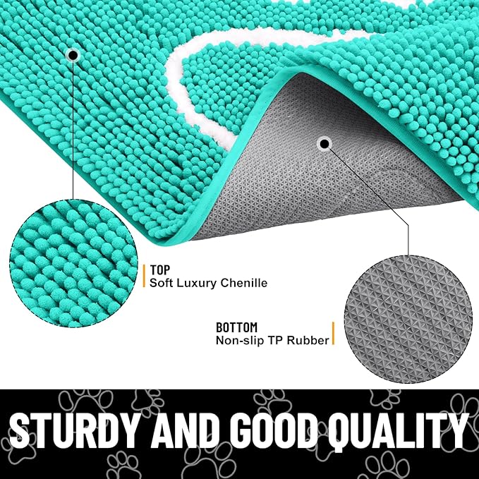 Smiry Dog Door Mat for Muddy Paws, Absorbent Dirt Trapper Non Slip Quick Dry Washable Chenille Mat for Mud Dogs, Entry Rug for Indoor and Outdoor (40x32 Inches, Turquoise and White)
