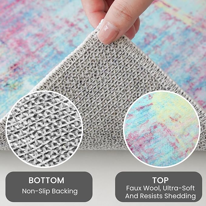 IOHOUZE Abstract Runner Rug 2x8 Ft Washable Runners for Hallways, Non Slip Kitchen Runner Printed Faux Wool Entryway Runner Indoor, Modern Abstract Floor Carpet for Hall Kitchen Bedroom, Pink Teal