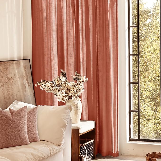 96 inch Linen Terracotta Curtains 2 Panels for Living Room Back Tab Light Filtering Semi Sheer Rust Colored Curtains 96 inches Long Soft Thick Cotton Cloth Textured Rustic Boho Farmhouse Room Decor