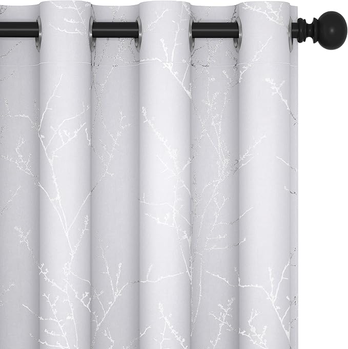 Deconovo Greyish White Curtains, Room Darkening Curtain, Thermal Insulated Soundproof Drapes, Silver Branch Print, 52 x 95 Inch Long, Grommet Window Panels for Living Room Bedroom Nursery, Set of 2