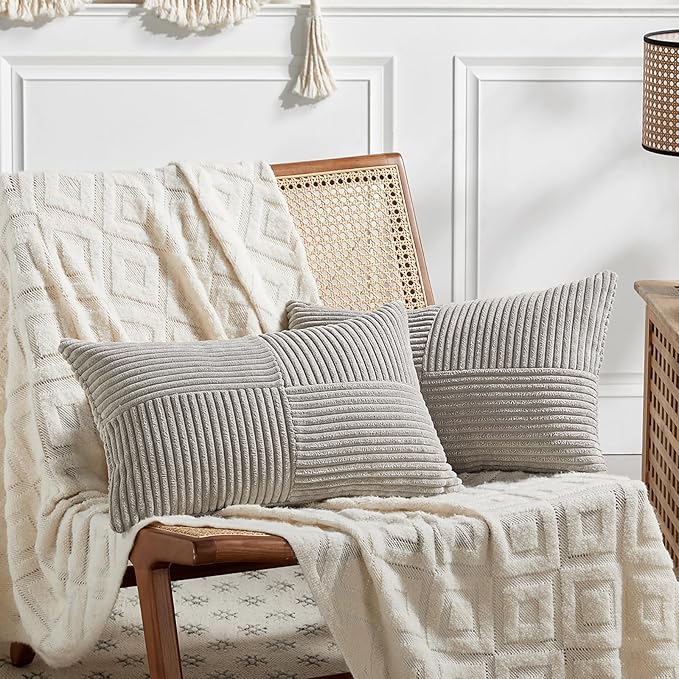 Fancy Homi 2 Packs Neutral Grey Lumbar Decorative Throw Pillow Covers 16x32 Inch for Living Room Couch Bed Sofa, Farmhouse Home Decor, Soft Striped Corduroy Rectangle Accent Cushion Case 40x80 cm