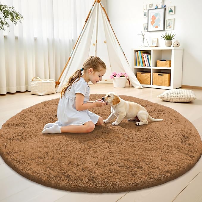 OLANLY Khaki Round Rugs for Bedroom - Machine Washable, 7 ft Circle Area Rugs for Living Room, Soft and Fluffy Shaggy Carpet for Teen Girl and Boys, Nursery Rooms, Dorms, Home Decor Aesthetic
