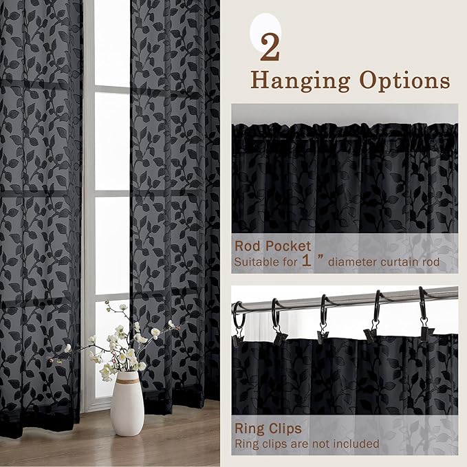 Chyhomenyc Black Sheer Curtains 24 Inch Length, Light Filtering Leaf Tufted Textured Small Window Kitchen Curtain Over Sink, Short Half Window Curtains for Bathroom Basement, 30" Wx24 L, 2 Panels