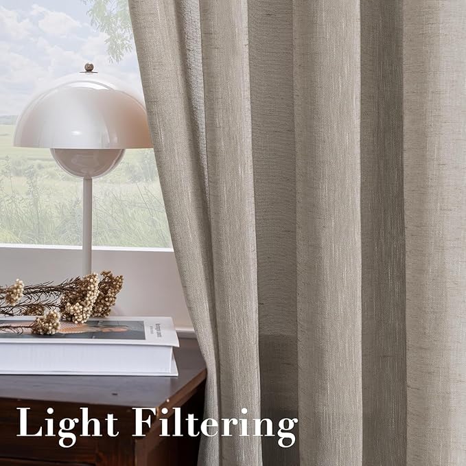 H.VERSAILTEX Linen Curtains Flax Linen Blended Curtain Panels for Living Room/Bedroom Semi Sheer Privacy Curtains 63 inch Length 2 Panels Set Nickel Grommet Window Drapes, Taupe