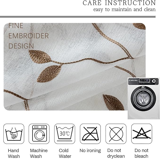 AmHoo 2 Panels Embroidered Leaf Pattern Semi Sheer Curtains Foliage Floral Voile Window Draperies Treatment for Bedroom Living Room Rod Pocket White Brown 53 x 84 Inch