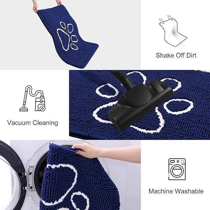 Smiry Dog Door Mat for Muddy Paws, Absorbent Dirt Trapper Non Slip Quick Dry Washable Chenille Mat for Mud Dogs, Entry Rug for Indoor and Outdoor (47x32 Inches, Navy Blue and White)