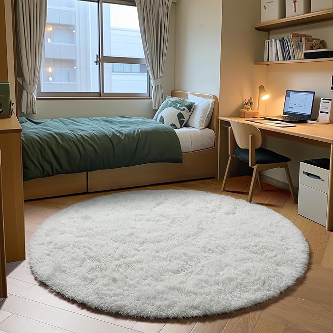 ONASAR Cream White Round Rugs 5ft for Bedroom Living Room, Ivory Fluffy Circle Area Rug for Kids Girls Boys Teen, Soft Plush Shaggy Carpet for Nursery Dorm Classroom Playroom Home Decor Aesthetic