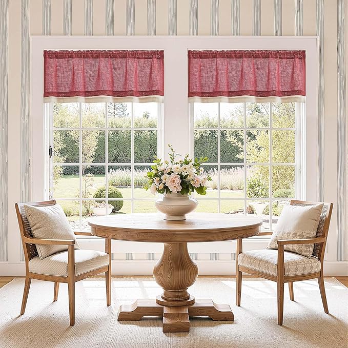 jinchan Linen Farmhouse Valances for Living Room Windows 16 Inch Slubbed Crossed Double Layer Window Valances Light Filtering Rustic Country Overlay Rod Pocket 2 Panels Burgundy