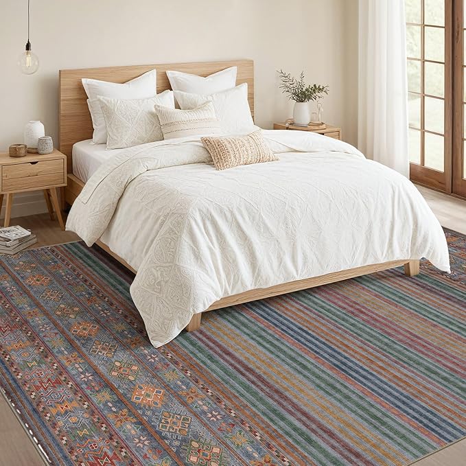Nakagishi 7X9 Area Rugs Living Room: Washable Large Vintage Rug Neutral Non-Slip Soft Stain Resistant Indoor Carpet for Bedroom Nursery Dining Room Office Playroom - Multi Color