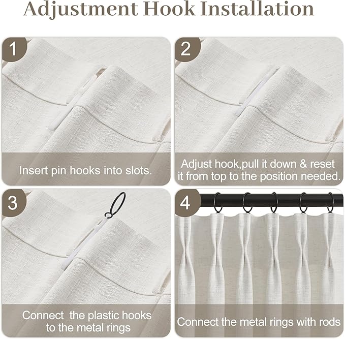 Pinch Pleated Linen Curtains 90 Inches Long 2 Panels for Living Room, Light Filtering Semi Sheer Curtain Pleated Back Tab Memory Trained Drapes with Hooks Rings for Bedroom, 40x90, Beige White