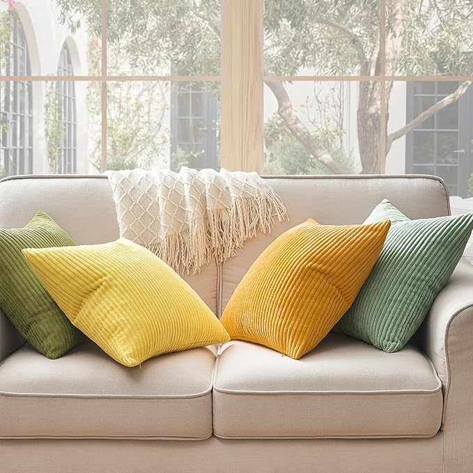Topfinel 22x22 Decorative Large Throw Pillows Covers Set of 4,Yellow Green Mix Design Corduroy Bed Cushion Case,Couch Sofa Living Room Euro Shams No Insert,Summer Home Decor