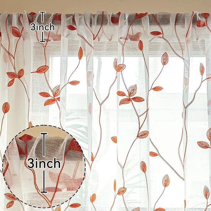 AmHoo 2 Panels Embroidered Leaf Pattern Semi Sheer Curtains Foliage Floral Voile Window Draperies Treatment for Bedroom Living Room Rod Pocket White Burnt Orange 53 x 84 Inch