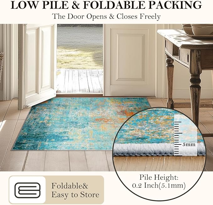 Washable Area Rugs 9'x12' Non-Slip Modern Abstract Soft for Living Room Entryway Bedroom Nursery, Print Pattern, Teal Blue Green Orange Rust Red Coloreful