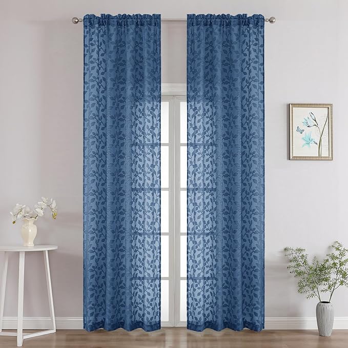 Chyhomenyc Dusty Blue Sheer Curtains 96 Inch Length 2 Panels Set, Light Filtering Tufted Textured Soft Airy Rod Pocket Gentle Leaf Window Treatment Drapes for Bedroom Living Room, 42" Wx96 L, 2PCS