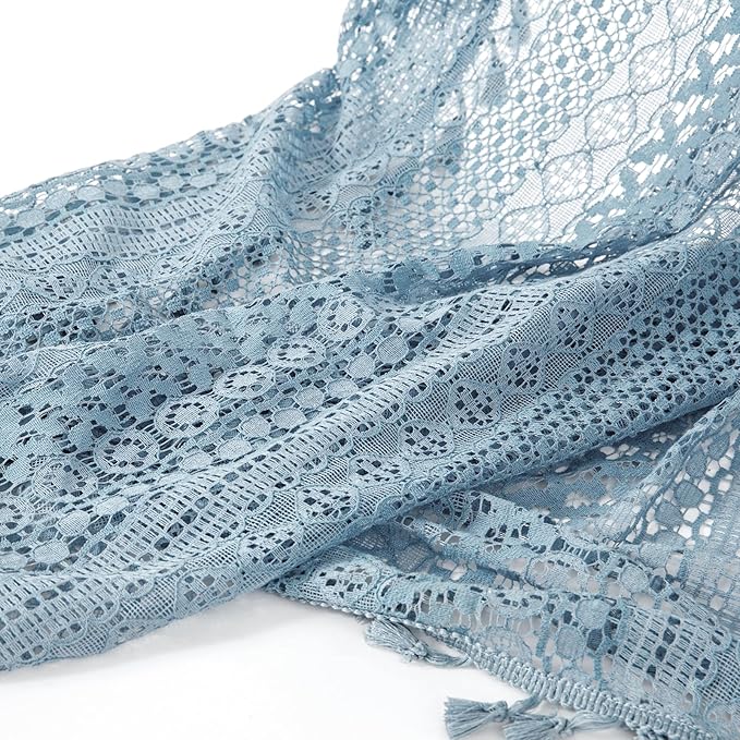 WAZZIO Boho Lace Curtains 84 Inches 2 Panel,Light Filtering Privacy Tassel & Geometry Crochet Semi Sheer Curtain Drapes for Bedroom Living Dining Room,Rod Pocket & Tassel,Light Slate Blue
